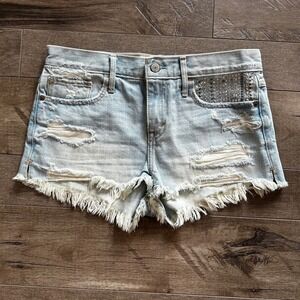 Y2K Abercrombie & Fitch Distressed Rhinestone Denim Shorts Light Wash Size 2 W26